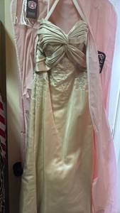 lot 1563 image: Champagne Satin Formal Gown with Embroidered Lace Detail waist is 14 inches
