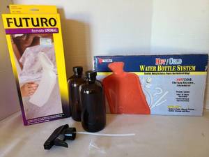 lot 1707 image: Medical Health Care Bundle - Futuro Female Urinal, Hot Cold Water Bottle System, Glass Bottles