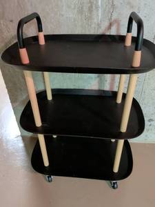 lot 12 image: Black Three-Tier Rolling Cart with Wood Handles plastic shelves