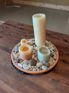 lot 29 image: Terra Cotta Planter with Candle Set and River Stones