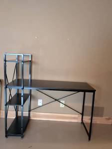 lot 44 image: Black Metal Computer Desk with Attached Bookshelf