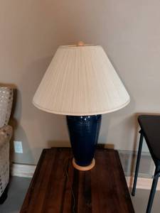 lot 46 image: Blue Ceramic Table Lamp with Pleated Shade