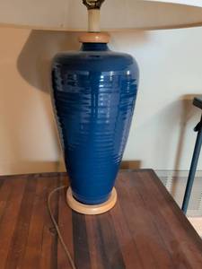 lot 46 image: Blue Ceramic Table Lamp with Pleated Shade