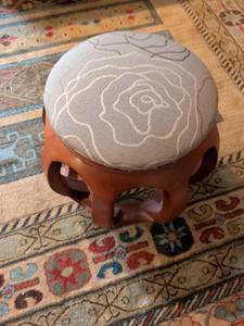 lot 48 image: Chinese Rosewood Round Stool with Embroidered Rose Cushion
