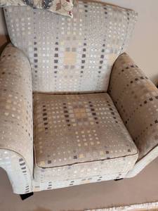 lot 49 image: Upholstered Armchair with Geometric Pattern