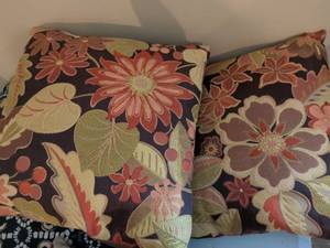 lot 105 image: Embroidered Floral Throw Pillows with Brown Backing