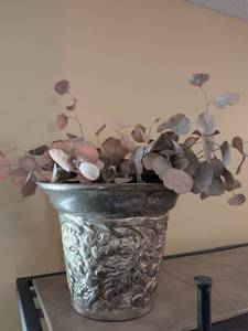 lot 132 image: Dragon Relief Metal Planter with Eucalyptus