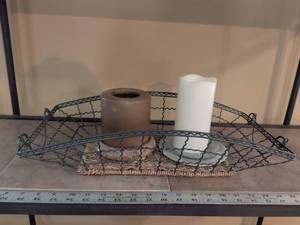 lot 135 image: Wire Basket with Woven Base and Ceramic Candle Holders Set