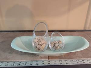 lot 150 image: Clear Glass Candle Holders with Natural River Rocks on Oval Tray