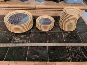 lot 227 image: Set of Blue and White Ceramic Dinner Plates Challenger by Wellin made in the USA