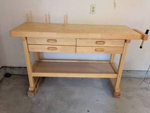 lot 241 image: Wood Workbench with Vise and Drawers