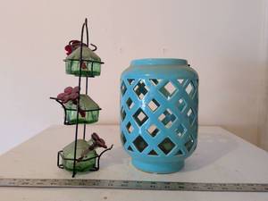 lot 260 image: Ceramic Lantern and Glass Floral Hummingbird Feeder Set