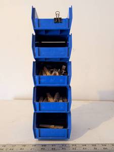 lot 272 image: Blue Plastic Stackable Storage Bins with Office Supplies