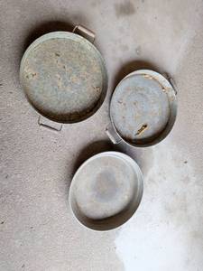 lot 308 image: Three round pans two with handles for gardening