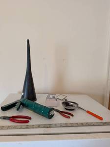 lot 340 image: Mixed Tool Lot - Caulk Gun, Pliers, Funnel, Mirror and Accessories