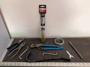 lot 367 image: Mixed Hand Tools and Hardware Lot with Pliers, Chisel, and Metal Strapping