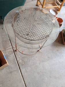 lot 424 image: Round Glass Top Patio Table with Metal Base