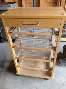 lot 433 image: Wooden Kitchen Cart with Wire Storage Baskets