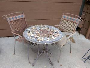 lot 474 image: Wrought Iron Patio Dining Set with Mosaic Table and Chairs