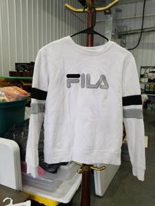 lot 3456 image: FILA White Sweatshirt with Black Sleeve Stripes Size Small