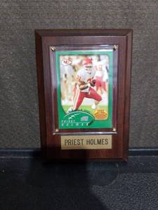 lot 3534 image: Priest Holmes Kansas City Chiefs 2002 Topps Trading Card in Wood Plaque