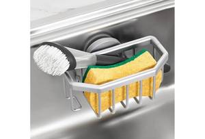 lot 36818 image: Sponge Holder for Kitchen Sink with Strong Suction Cup, Rustproof Aluminum Sink Caddy for Sponges, Brushes, Stoppers & Scrapers, Silver - Retail $15