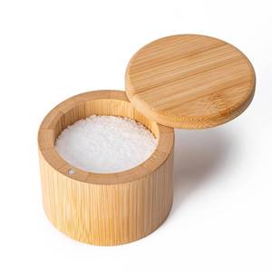lot 36819 image: Bamboo Salt Cellar, Magnetic Swivel Lid Salt Box, Round Container for Storing Pepper Sugar Herbs, 6 Ounce Capacity - Retail $7