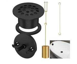 lot 36821 image: Tub Drain Linkage Assembly with Trip Lever and Strainer Done Cover, Universal Overflow Faceplate Trim Kit with Screws, Fit for Bathtub Trip Lever Waste and Overflow Drain Kit, Matte Black - Retail $45