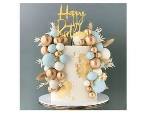 lot 36833 image: Blue Balls Cake Topper Boho Grass Cake Topper Blue White Gold Pearl Balls Happy Birthday Cake Decorations for Wedding Birthday Boho Themed Supplies (Blue) - Retail $9