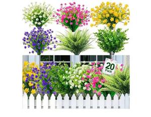 lot 36834 image: 20 Bundles Artificial Flowers for Outdoors, Summer Spring Grass Camellia Fake Flowers Fern Plants Eucalyptus, UV Resistant No Fade Faux Greenery for Gardens Cemetery Decor(Mixed 6 Styles 2). - Retail $20