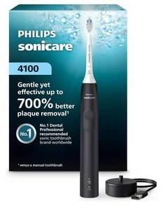 lot 36848 image: Philips Sonicare 4100 Series Electric Toothbrush - Sonic Toothbrush with Advanced Sonic Technology, Pressure Sensor, Two Intensity Settings, Smartimer & Quadpacer, Black, Model HX368124 - Retail $34
