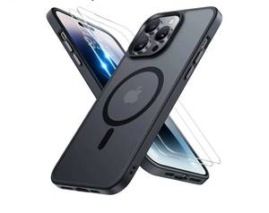 lot 36850 image: Magnetic for iPhone 14 Pro Max Case 6.7 inch (Compatible with MagSafe) with 2X Screen Protectors Military-Grade Protection, Anti-Fingerprint Translucent Matte Phone Case Cover, Black - Retail $16