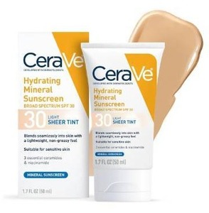 lot 36859 image: CeraVe Hydrating Mineral Sunscreen SPF 30 with Sheer Tint, Tinted Mineral Sunscreen with Zinc Oxide & Titanium Dioxide, Blends Seamlessly For Healthy Glow, Light, 1.7 Oz - Retail $13