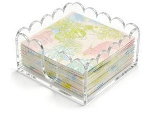 lot 36861 image: Scalloped Acrylic Napkin Holder - Clear Square Cocktail Napkin Holder for Table, Chic Wavy Edge Paper Dispenser for Bar, Kitchen & Beverage, with 8 Non-Slip Pads (5.91 � 5.91 � 2.36 inches) - Retail $18
