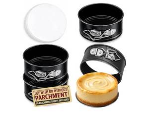 lot 36865 image: 4 Pack Small Springform Cheesecakes Pan Tins Set 4 Inch Mini Baking Mold 4 Pieces Round Leakproof Nonstick Removable Bottom Bakeware for Pie Pizzas and Quiches Includes 50Pcs Parchment Paper - Retail $16