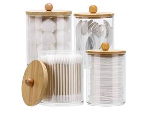 lot 36866 image: 4 Pack Qtip Holder Dispenser Cotton Ball, Cotton Swab, Floss - 12oz, 10 oz Clear Plastic Apothecary Jars for Bathroom Organizer and Storage Containers (Bamboo Lids) - Retail $12