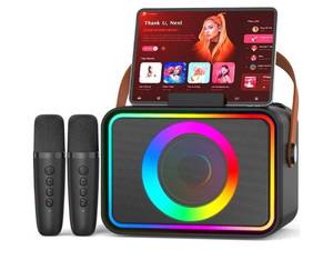 lot 36867 image: Karaoke Machine,Portable Bluetooth Speaker with 2 Wireless Microphone for Adults & Kids with LED Lights, Karaoke Microphone with PA System Supports USBTFAUX,Gift for Party(Black) - Retail $34