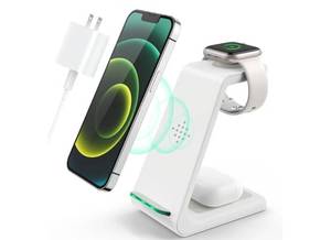 lot 36870 image: 3 in 1 Wireless Charging Station, 2026 Upgraded Fast Desk Charger Station for iPhone 17 16 15 14 13 12 Pro Max Plus, Charger Stand for Apple Watch 11 10 9 8 7 6 5 4 3 2 Ultra SE, Airpods 4 3 2 Pro - Retail $30