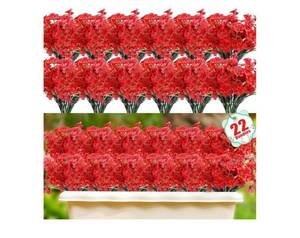 lot 36877 image: 22 Pack Artificial Flowers Outdoor Fake Plants, Faux Flowers UV Resistant with Plastic Plants, Faux Silk Flowers for Outdoors Outside Front Porch Hanging Planter Window Box Garden Decoration(Red) - Retail $23