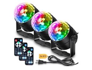 lot 36884 image: 3-Pack Disco Ball Party Lights Sound Activated with Remote Control, 12 Modes Strobe Stage DJ Lights for Home Room Karaoke Dance Party Supplies Birthday Party Decorations White Elephant Gifts - Retail $21