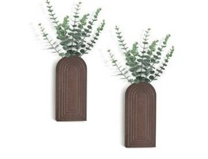 lot 36885 image: Wood Wall Vase Planter with Artificial Eucalyptus, 2 Pack Hanging Planter for Indoor Fake Plants Modern Boho Farmhouse Wall Art Decor for Bathroom Bedroom Kitchen Office Home Decoration, Brown - Retail $20