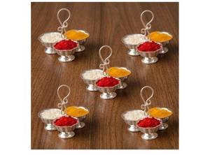 lot 36896 image: Silver Plated Haldi Kumkum Holder for Pooja Thali - Decorative Indian Roli Chawal Stand for Weddings, Housewarming & Return Gift Items 3 Bins  5 Pcs - Retail $26