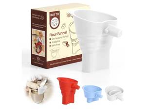 lot 36900 image: Foldable Silicone Flour Funnel for Kitchen Aid Mixers 4.5-5 Qt (KSM150) Dishwasher Safe Extended Flour Funnel Precision Pouring Wide Mouth Funnel Attachment for Spill-Free Baking (White) - Retail $7