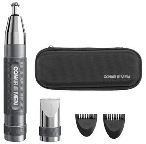 lot 36905 image: Conair Men Ear, Nose and Eyebrow Trimmer, Patented 360° Bevel Blade for No Pulls, Nicks or Cuts Guaranteed, Nose Hair Trimmer for Men, Non-Slip Grip, 5-Piece Kit with Travel Case. - Retail $37