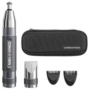 lot 36913 image: Conair Men Ear, Nose and Eyebrow Trimmer, Patented 360° Bevel Blade for No Pulls, Nicks or Cuts Guaranteed, Nose Hair Trimmer for Men, Non-Slip Grip, 5-Piece Kit with Travel Case - Retail $37