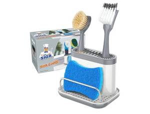 lot 36914 image: MR.SIGA Sink Caddy, Kitchen Sink Organizer Sponge Brush Holder with Drip Tray, White & Gray - Retail $14