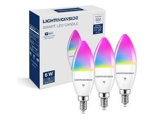 lot 36917 image: E12 Smart Light Bulbs 60W Equiv., 500LM 6W RGBCW Candelabra Chandelier Candle Bulb Works with AlexaGoogle HomeSmart Life, 2.4G WiFi Bluetooth Bulbs, No Hub Required, ETL Listed, 3PCS - Retail $24