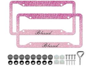 lot 36931 image: Pink Blessed License Plate Frames - 2 Pack Bling Print Hot Pink Aluminum Metal License Plate Holder Covers Car Accessory,Rust-Proof Waterproof Car Decorative Tag Frames for Standard US 12x6 Inch - Retail $15