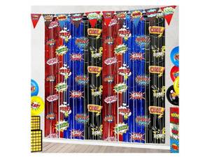 lot 36964 image: Hero Foil Fringe Curtains Backdrop Birthday Party Decorations, 2 Pack 3.28 x 6.56 Ft Red Blue Black Foil Fringe Curtain Tinsel Streamer Photo Booth Props Hero Birthday Party Supplies Favors - Retail $13