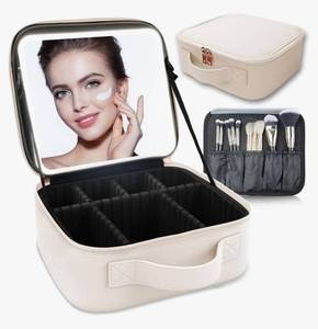 lot 36988 image: Makeup Bag with Led Mirror with 3 Color Setting, Portable Storage and Adjustable Dividers Travel Makeup Bag, for Women and Makeup Artists Large Vanity Makeup Cases-White - Retail $30